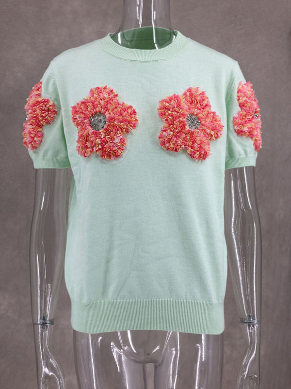 Knit Tops- Women's Short Sleeve Knit Top with Flower Appliques- - IndioGear Fashion and Gear