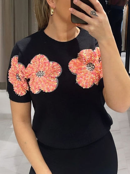 Knit Tops- Women's Short Sleeve Knit Top with Flower Appliques- Black- IndioGear Fashion and Gear