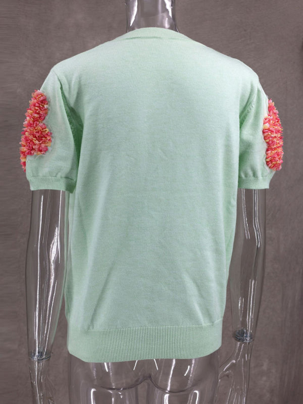 Knit Tops- Women's Short Sleeve Knit Top with Flower Appliques- - IndioGear Fashion and Gear