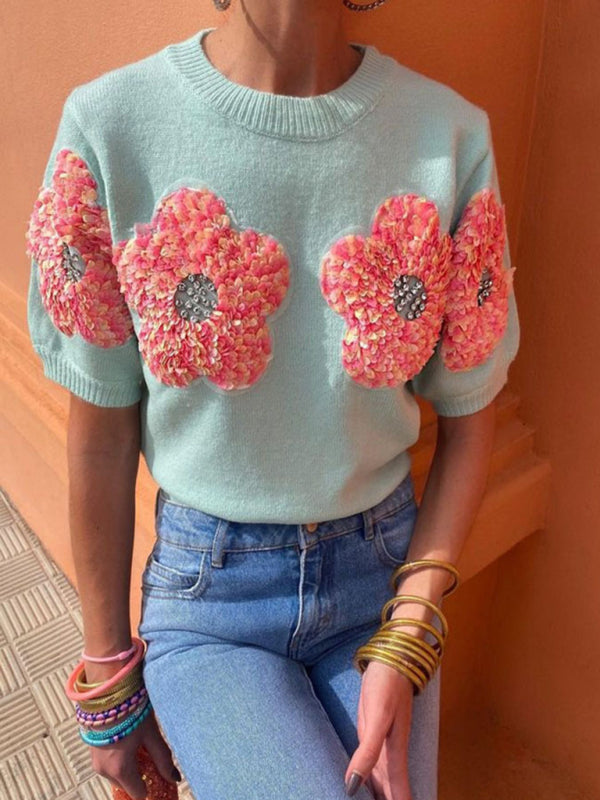 Knit Tops- Women's Short Sleeve Knit Top with Flower Appliques- Spearmint viridis- IndioGear Fashion and Gear