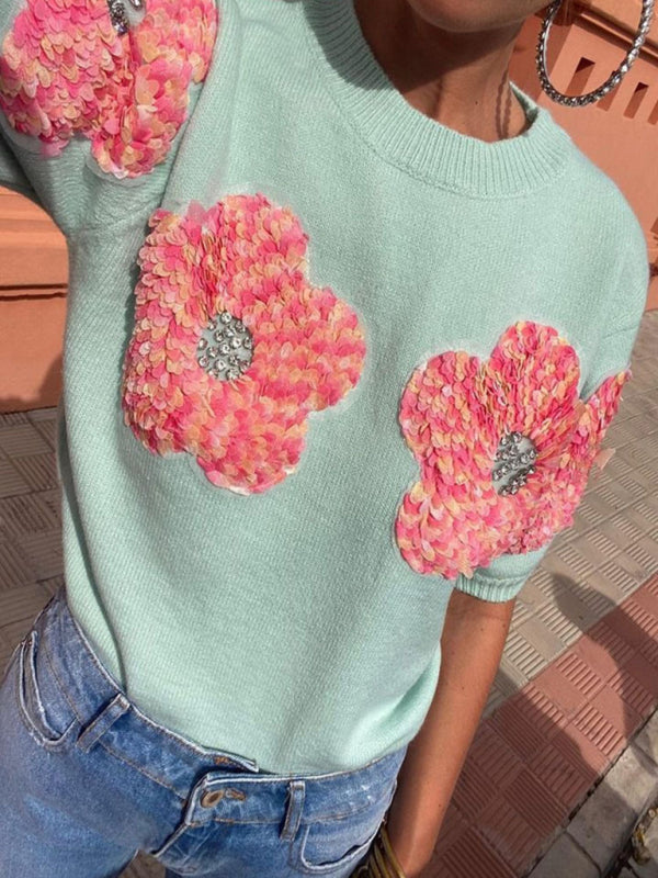 Knit Tops- Women's Short Sleeve Knit Top with Flower Appliques- - IndioGear Fashion and Gear