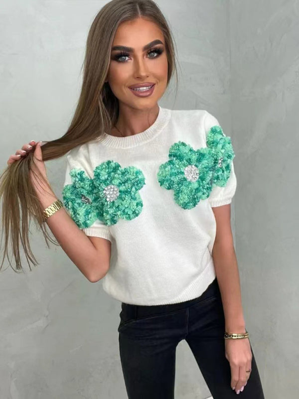 Knit Tops- Women's Short Sleeve Knit Top with Flower Appliques- Green- IndioGear Fashion and Gear