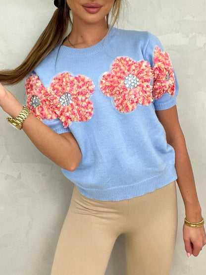 Knit Tops- Women's Short Sleeve Knit Top with Flower Appliques- Blue- IndioGear Fashion and Gear