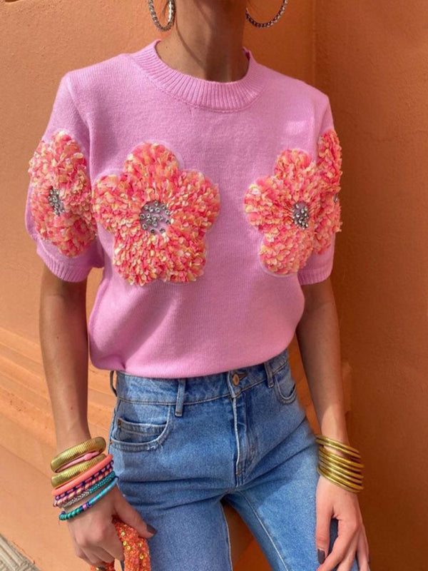 Knit Tops- Women's Short Sleeve Knit Top with Flower Appliques- Pink- IndioGear Fashion and Gear