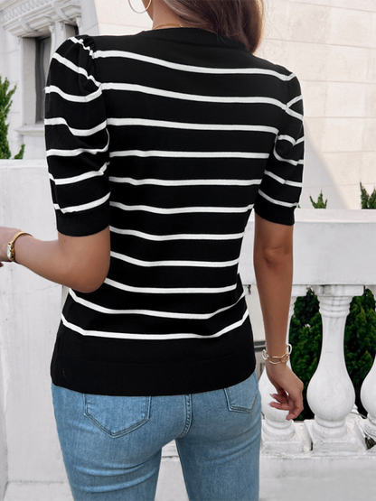 Knit Tops- Women's Striped Puff Sleeve Knit Top- - IndioGear.com