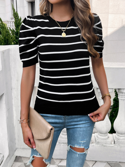 Knit Tops- Women's Striped Puff Sleeve Knit Top- - IndioGear.com