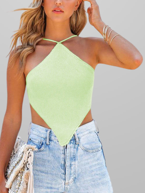 Knit tops- Knit Scarf Halter Women's Backless Summer Top- Green- IndioGear Fashion and Gear