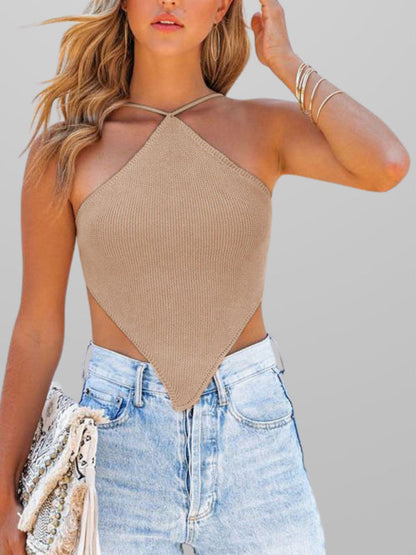 Knit tops- Knit Scarf Halter Women's Backless Summer Top- Khaki- IndioGear Fashion and Gear