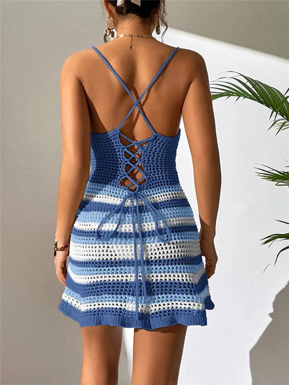 Knitting Dresses- Knit Striped Summer Vacay Beach Dress with Cutout Knot- - IndioGear Fashion and Gear