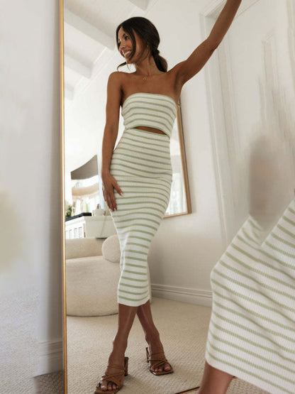 Knitting Dresses- Stripes Summer Strapless Cutout Dress with Body-Hugging Fit- - IndioGear Fashion and Gear