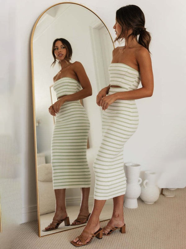 Knitting Dresses- Stripes Summer Strapless Cutout Dress with Body-Hugging Fit- - IndioGear Fashion and Gear