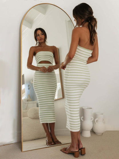 Knitting Dresses- Stripes Summer Strapless Cutout Dress with Body-Hugging Fit- - IndioGear Fashion and Gear