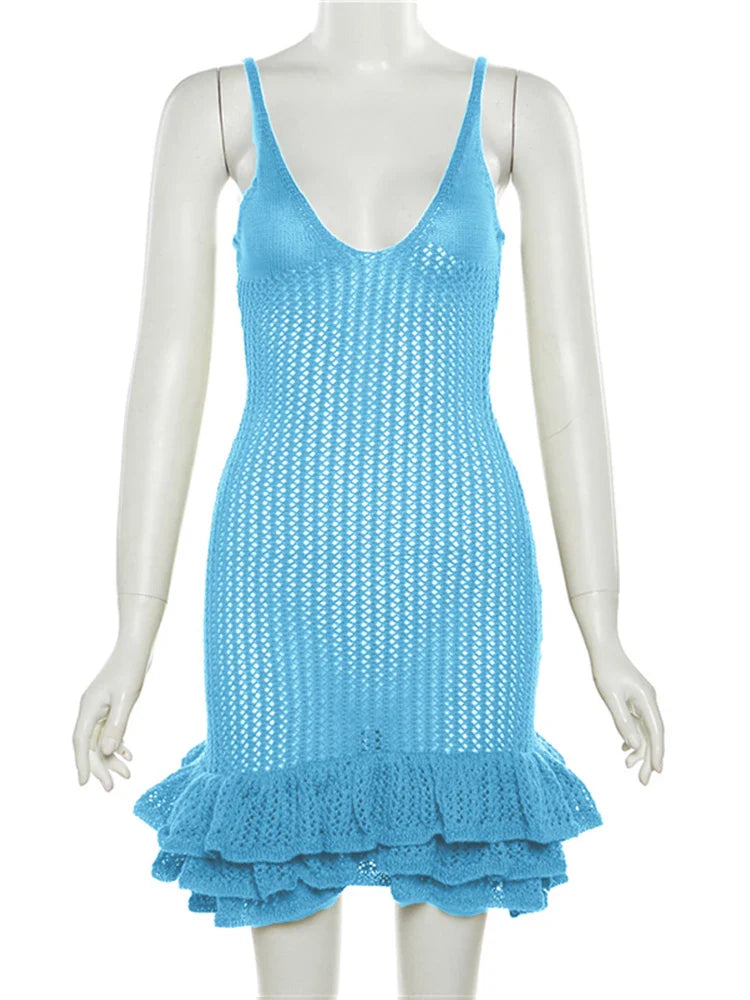 Knitting Dresses- V-Neck Cover-Up Dress for Beach Getaways- Blue- IndioGear.com