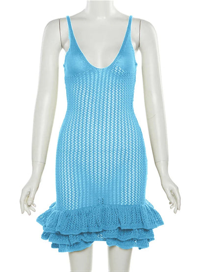 Knitting Dresses- V-Neck Cover-Up Dress for Beach Getaways- Blue- IndioGear.com