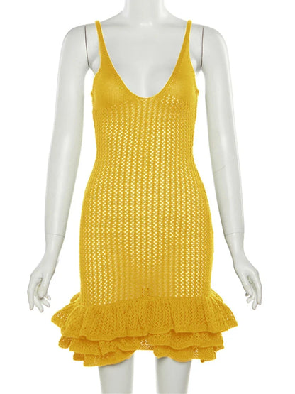 Knitting Dresses- V-Neck Cover-Up Dress for Beach Getaways- Yellow- IndioGear.com