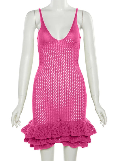 Knitting Dresses- V-Neck Cover-Up Dress for Beach Getaways- Rose Red- IndioGear.com