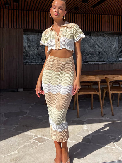 Knitting Outfits- Cropped Knit Shirt & Midi Skirt Combo for Summer Days- Stripe Khaki- IndioGear.com