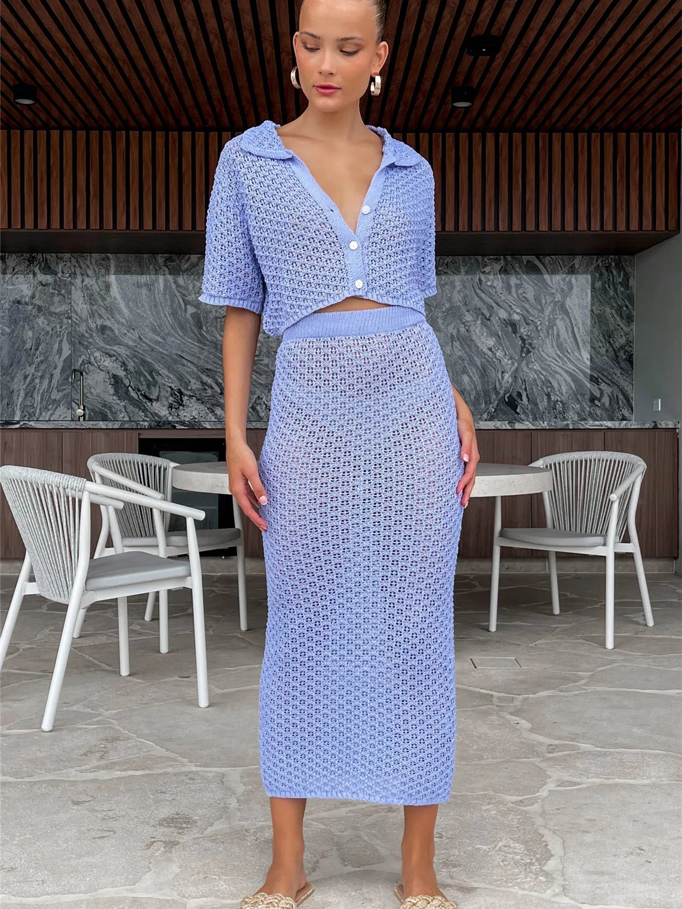 Knitting Outfits- Cropped Knit Shirt & Midi Skirt Combo for Summer Days- Blue- IndioGear.com