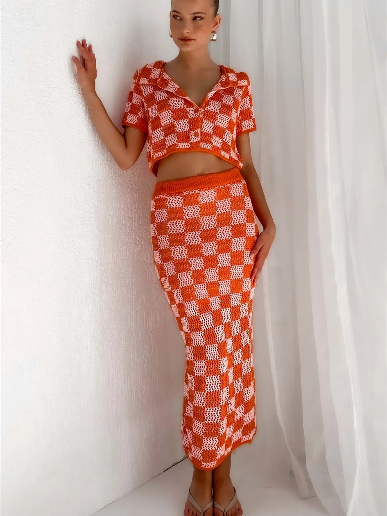 Knitting Outfits- Cropped Knit Shirt & Midi Skirt Combo for Summer Days- Plaid Orange- IndioGear.com