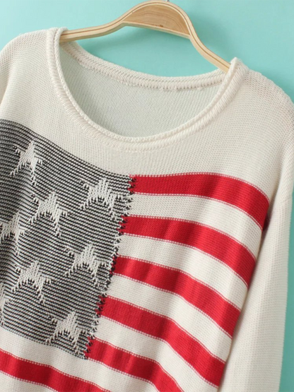 Knitting Sweaters- American Flag Knitting Sweater for Women- - Chuzko Women Clothing