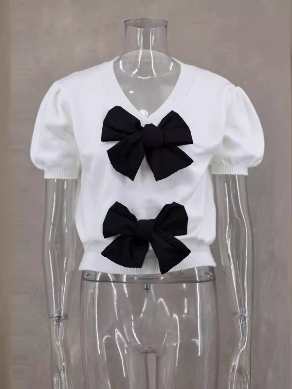 Knitting Tops- Bow-tiful Women's Short Sleeve Knit Top with Delicate Bows- - IndioGear Fashion and Gear