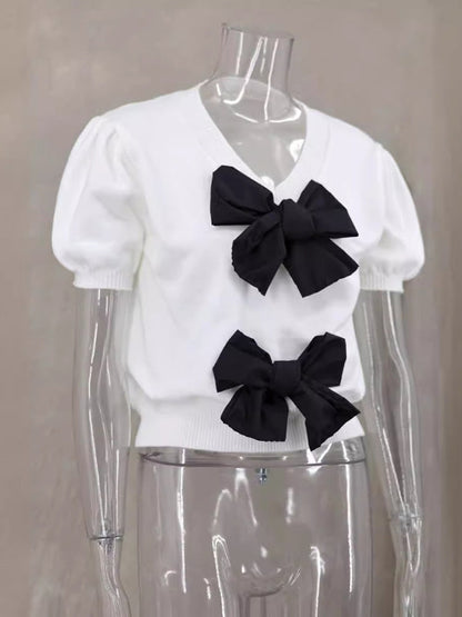 Knitting Tops- Bow-tiful Women's Short Sleeve Knit Top with Delicate Bows- - IndioGear Fashion and Gear