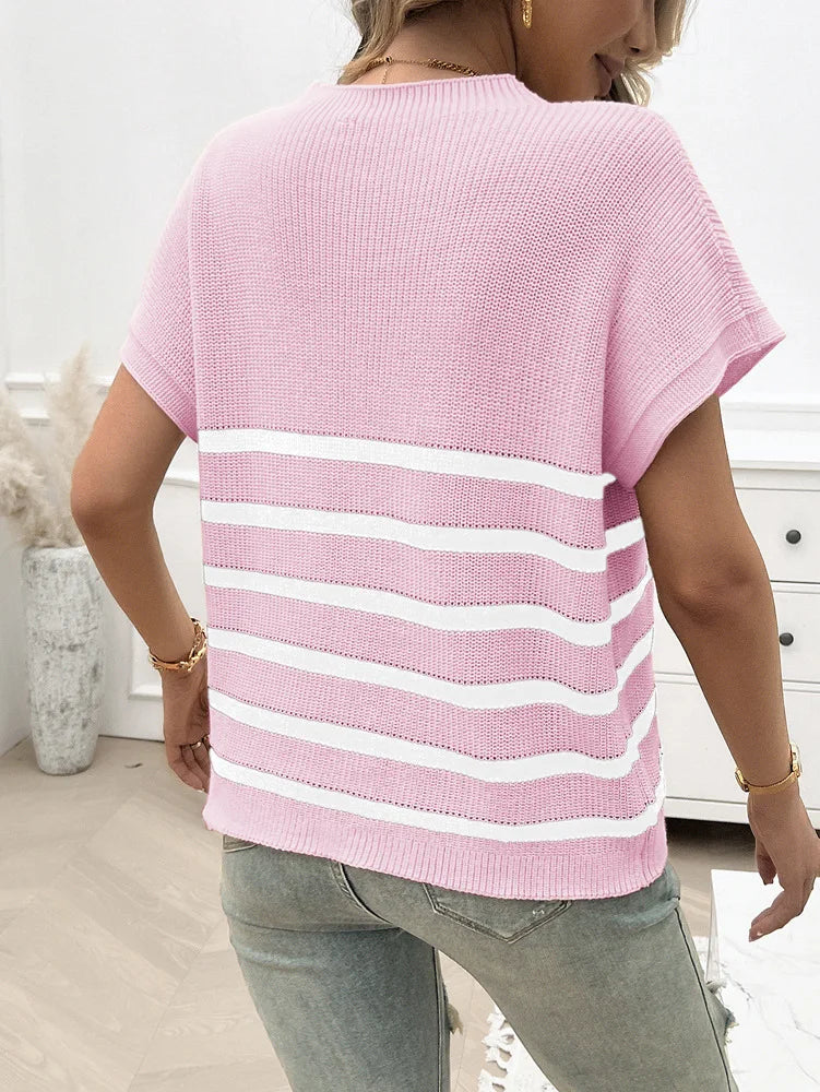 Knitting Tops- Cozy Striped Knit Fall Top Women's Relaxed Short Sleeve Tee- - IndioGear.com