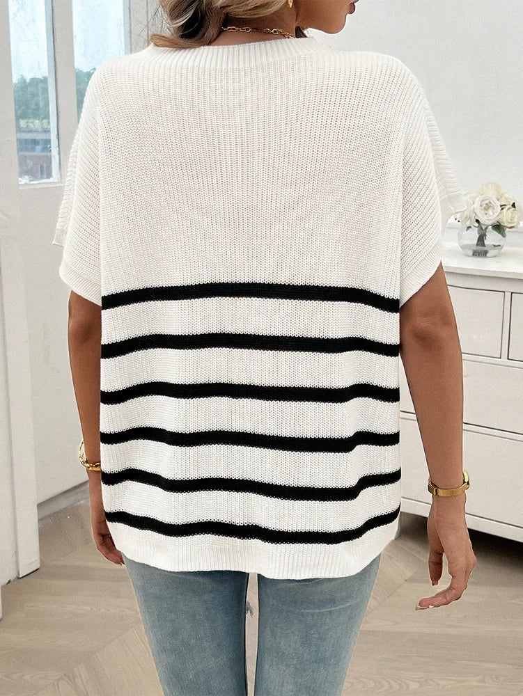 Knitting Tops- Cozy Striped Knit Fall Top Women's Relaxed Short Sleeve Tee- - IndioGear.com