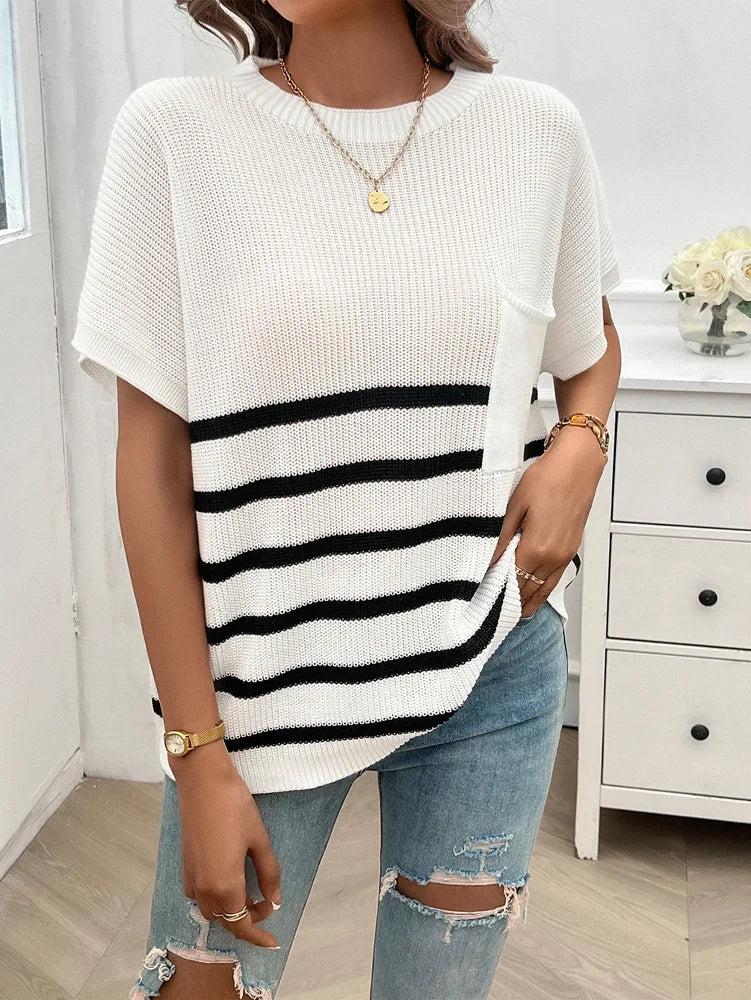 Knitting Tops- Cozy Striped Knit Fall Top Women's Relaxed Short Sleeve Tee- White- IndioGear.com