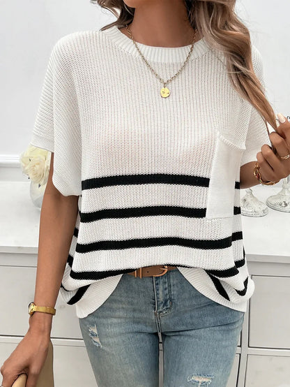 Knitting Tops- Cozy Striped Knit Fall Top Women's Relaxed Short Sleeve Tee- - IndioGear.com