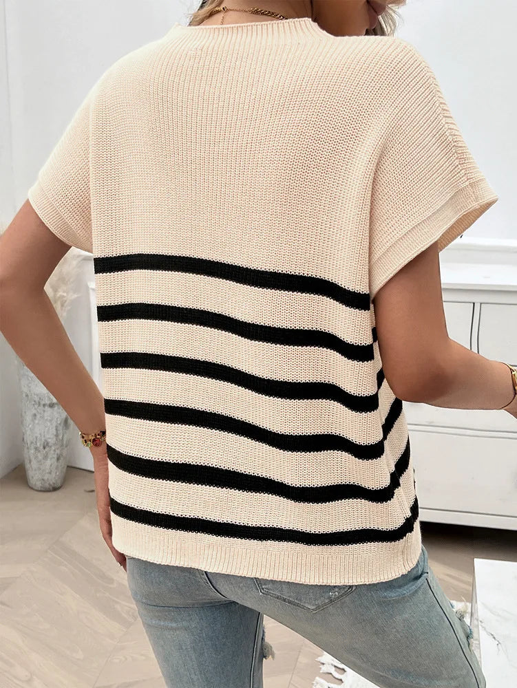 Knitting Tops- Cozy Striped Knit Fall Top Women's Relaxed Short Sleeve Tee- - IndioGear.com