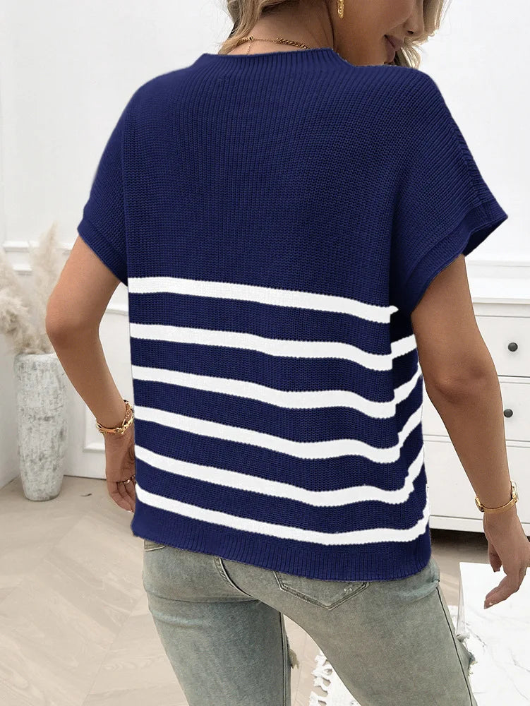 Knitting Tops- Cozy Striped Knit Fall Top Women's Relaxed Short Sleeve Tee- - IndioGear.com