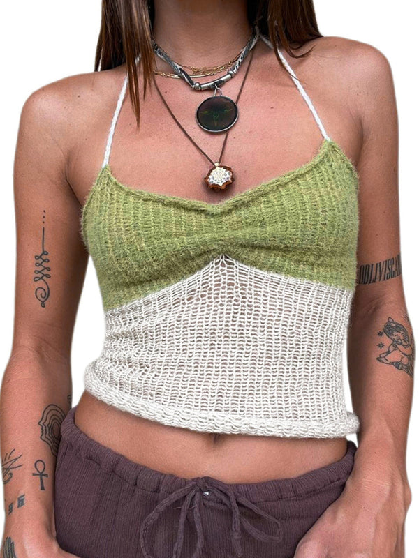 Knitting Tops- Knit Contrast Women's Sleeveless Open Back Cami Halter Top- - IndioGear Fashion and Gear