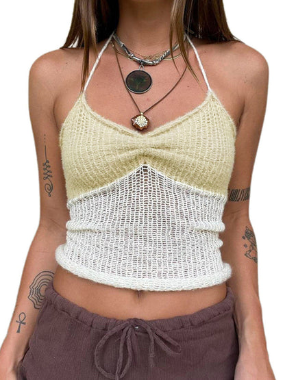 Knitting Tops- Knit Contrast Women's Sleeveless Open Back Cami Halter Top- - IndioGear Fashion and Gear