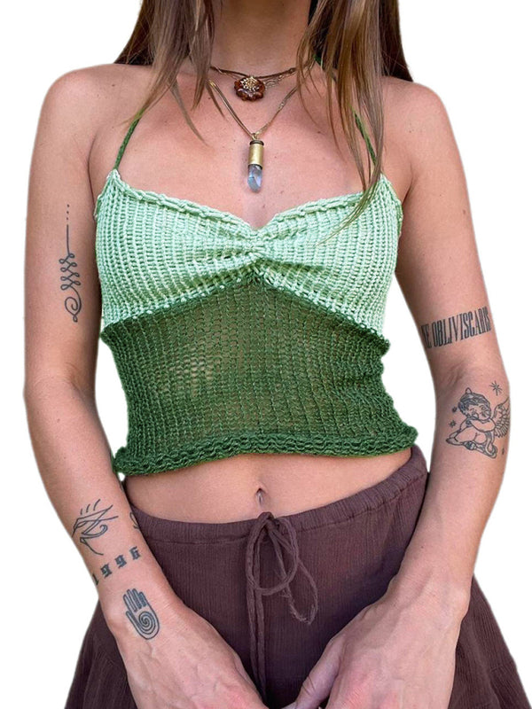 Knitting Tops- Knit Contrast Women's Sleeveless Open Back Cami Halter Top- Deep green- IndioGear Fashion and Gear