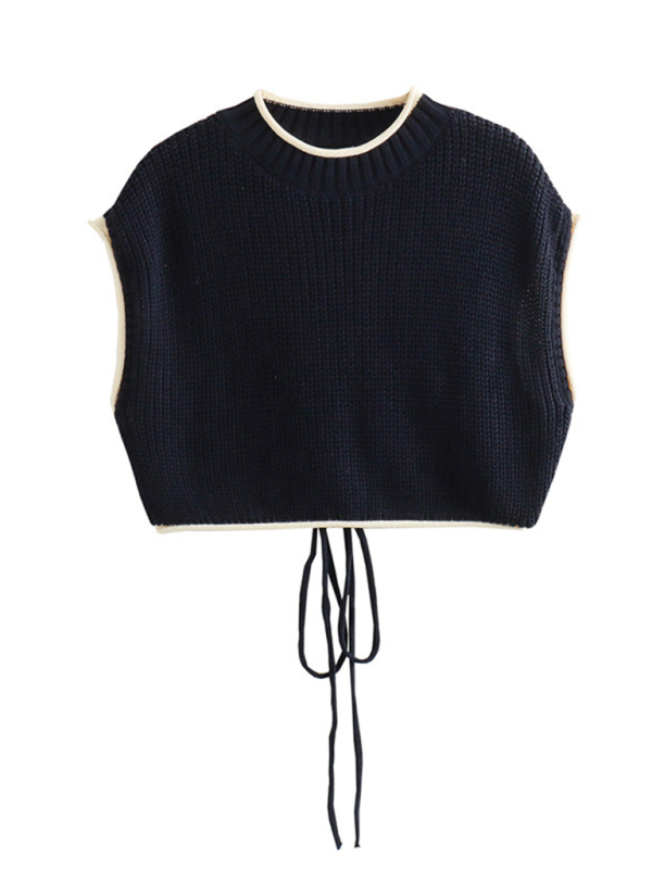 Knitting Tops- Knitting Trendy Sleeveless Crop Top with Lace-Up Back- Champlain color- IndioGear.com