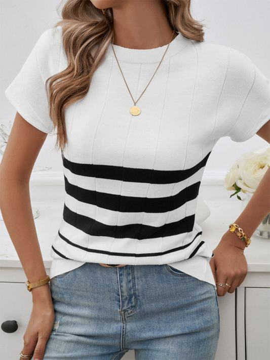 Knitting Tops- Slim Fit Striped Sweater Top Perfect for Fall Shopping- White- IndioGear.com