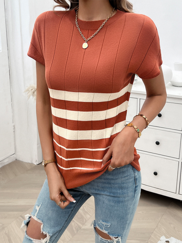 Knitting Tops- Slim Fit Striped Sweater Top Perfect for Fall Shopping- - IndioGear.com