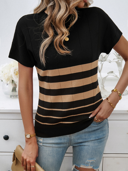 Knitting Tops- Slim Fit Striped Sweater Top Perfect for Fall Shopping- Black- IndioGear.com