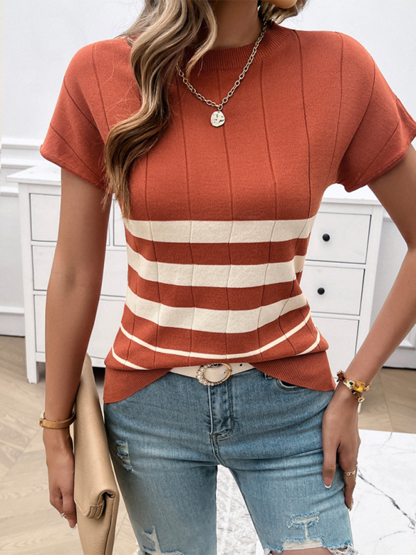 Knitting Tops- Slim Fit Striped Sweater Top Perfect for Fall Shopping- Orange Red- IndioGear.com