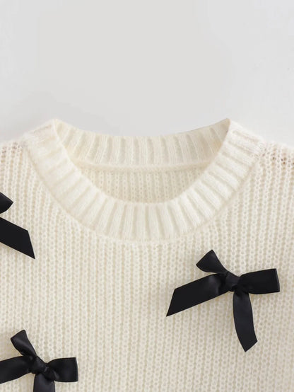 Knitting Tops- Women Bow-Embellished Sweater Knitwear- - IndioGear.com