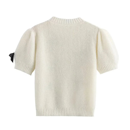 Knitting Tops- Women Bow-Embellished Sweater Knitwear- - IndioGear.com