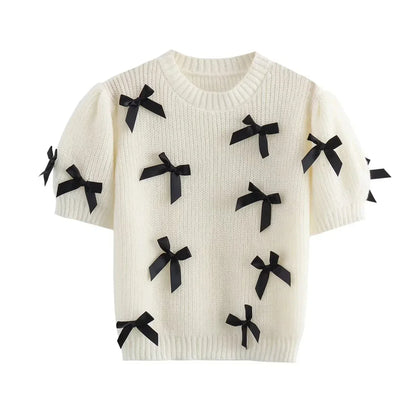 Knitting Tops- Women Bow-Embellished Sweater Knitwear- White- IndioGear.com