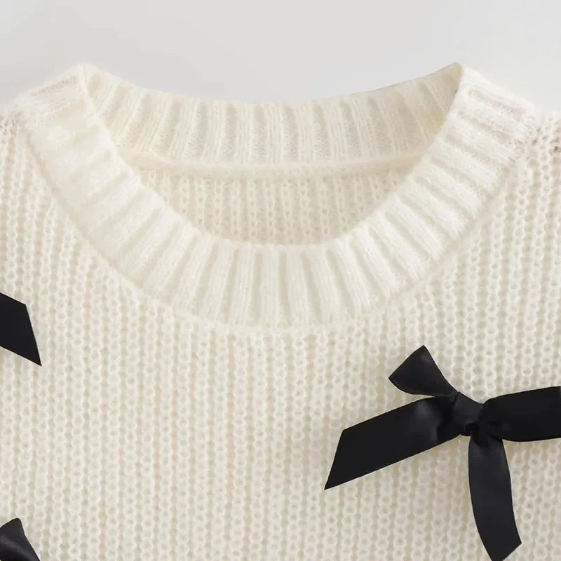 Knitting Tops- Women Bow-Embellished Sweater Knitwear- - IndioGear.com