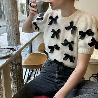 Knitting Tops- Women Bow-Embellished Sweater Knitwear- - IndioGear.com