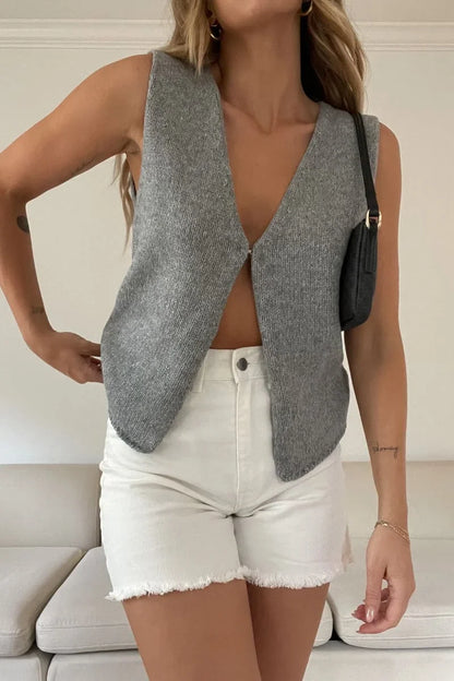 Knitting Tops- Women Deep V-Neck Split-front Knitted Top Vest- Gray- IndioGear.com