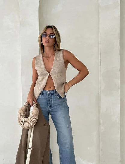 Knitting Tops- Women Deep V-Neck Split-front Knitted Top Vest- Apricot- IndioGear.com