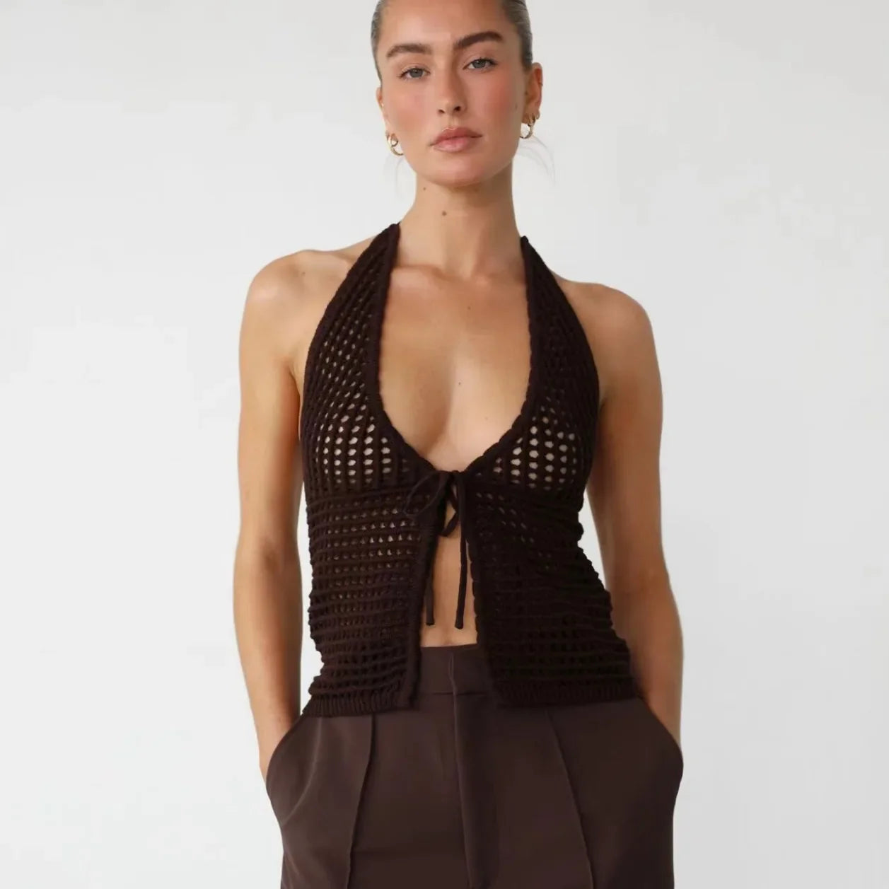 Knitting Tops- Women Hollow Knit Deep V-Neck Halter Top for Beach Days- Coffee- IndioGear.com