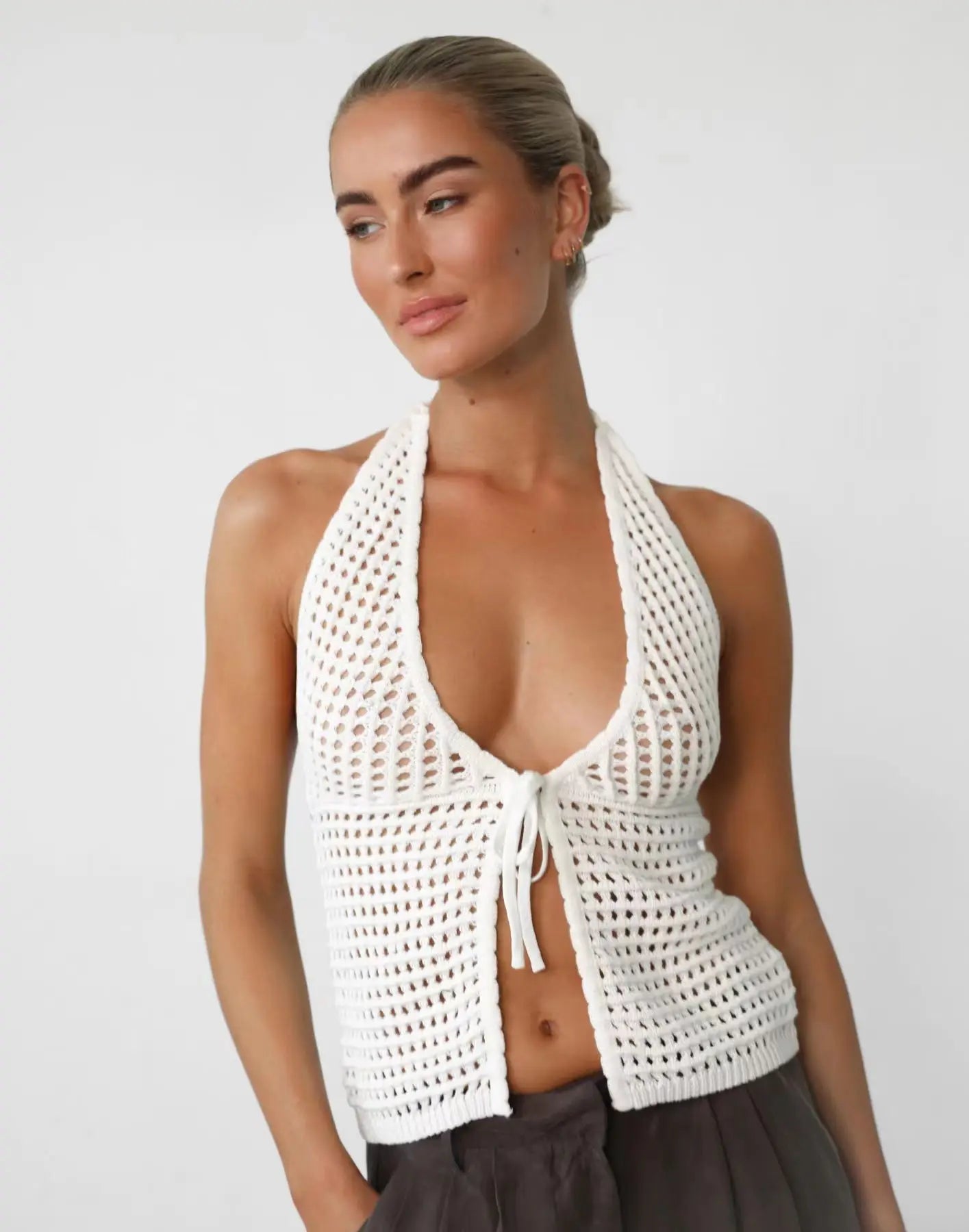 Knitting Tops- Women Hollow Knit Deep V-Neck Halter Top for Beach Days- White- IndioGear.com