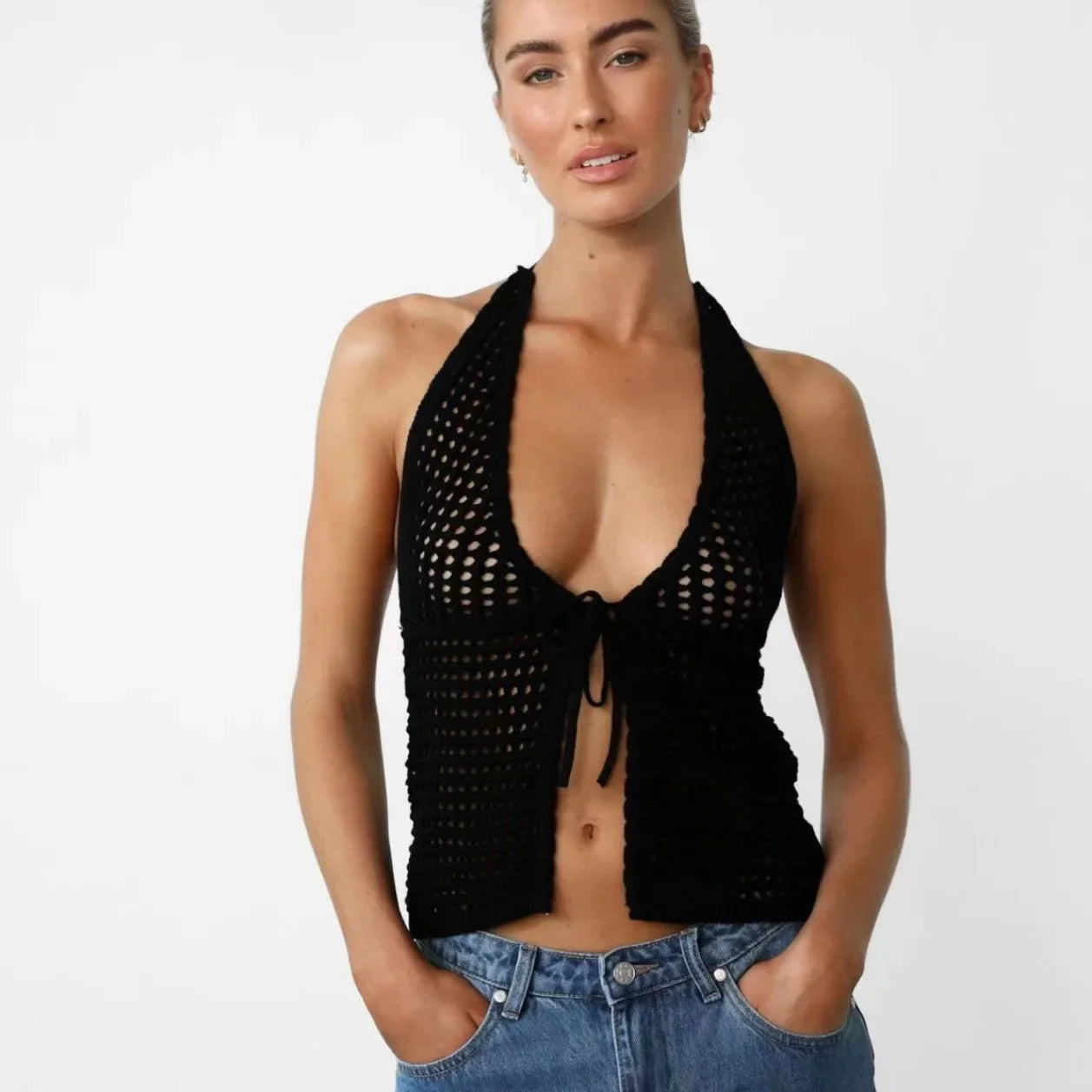 Knitting Tops- Women Hollow Knit Deep V-Neck Halter Top for Beach Days- Black- IndioGear.com